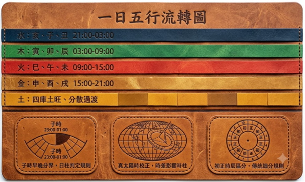 這是一幅復古皮革質感質地下的「十二時辰表」解析圖。上半部以藍、綠、紅、黃等五色皮條，清晰將一日24小時依序對應至水（亥子丑）、木（寅卯辰）、火（巳午未）、金（申酉戌）及四庫土等五行流轉時段；下半部由左至右設有三個皮革壓紋區塊，分別說明子時早晚分界、真太陽時校正，以及初正時辰區分的細分規則。