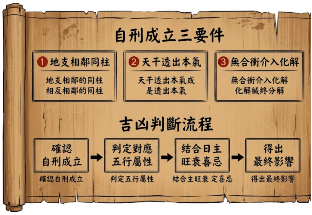 自刑判讀是一套規範排盤數據提取、防止單點片面斷命與排除宿命論欺詐的安全防護流程圖。本圖表在復古羊皮紙卷展示三要件資格審查面板與四步驟吉凶判定工作流。以生命數據科學視角建立誠信交付標準。