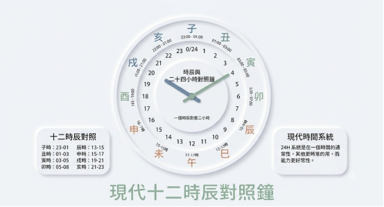 這是一幅簡約極致的白色「現代十二時辰對照鐘」圖表。中央圓形鐘面內圈標有24小時數值,外圈對應十二地支與時段;兩側配有文字說明卡,清楚標明一個時辰對應二小時的規則,方便在排「八字天干地支」時精準推算時柱。