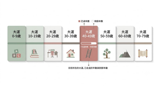 這是一幅極簡莫蘭迪風格的「八字大運免費」排盤進度圖表。水平橫向排列著從0-9歲至70-79歲的八個大運區塊,每個區塊配有積木、書籍、房屋等代表人生階段的圖標;中央高亮當前大運(如40-49歲),並附有進度條顯示已過年數與剩餘年數,清晰呈現大運的流轉進程。