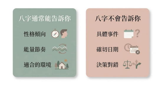 這是一幅莫蘭迪色系的「八字天干地支算命」理知邊界對照表。左側綠色卡片列出八字能揭示的「性格傾向、能量節奏、適合環境」;右側粉色卡片則列出八字無法預測的「具體事件、確切日期、決策對錯」,引導建立客觀理性的算命心態。