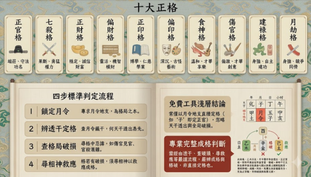 八字格局查詢是一套將個體特定資源控制力,本圖表嚴謹展示頂端十大正格卡片分流、左頁四步標準判定流程,與右頁免費工具盲區與專業成格破損判斷。以生命數據科學視角破除混淆,建立精確交付標準。