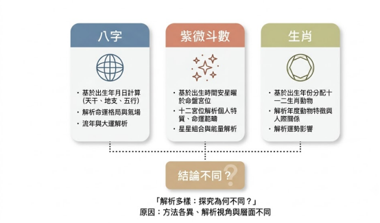 這是一幅極簡風格的「算婚姻」命理工具對照圖。上方並列八字(基於天干地支五行)、紫微斗數(基於宮位星曜)與生肖(基於出生年份)三種主流合婚工具的原理;底部透過虛線匯聚至「結論不同?」卡片,說明因方法與解析視角差異導致不同批斷結果的原因。