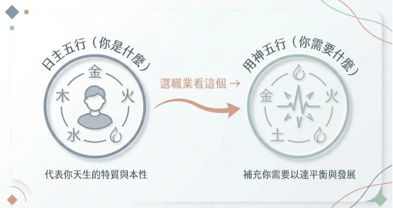 這是一幅極簡莫蘭迪風格的「八字五行職業」選業核心邏輯圖。左圈展示「日主五行（你是什麼）」，代表天生特質與本性；右圈以箭頭標註「選職業看這個」指向「用神五行（你需要什麼）」，說明擇業應以補充所需五行、達到命盤能量平衡與發展為核心基準。