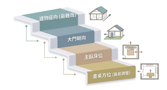 這是一幅極簡莫蘭迪風格的「生辰八字房屋座向」調整層級階梯圖。由上至下分為四個階梯，分別標註「建物座向（最難改）」、「大門朝向」、「主臥床位」以及「書桌方位（最易調整）」，清楚呈現從硬體大環境到室內軟裝佈局的風水調整優先順序。