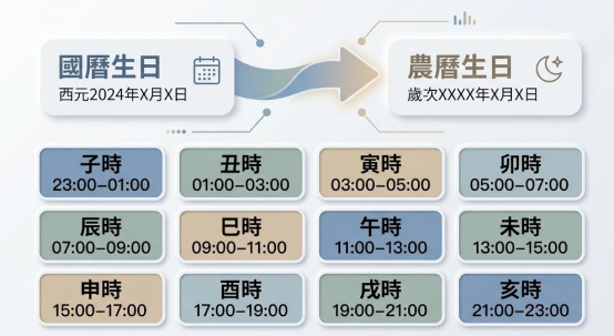 這是一張用於「八字重量查詢」前置作業的時間換算圖表。上方以漸層箭頭引導使用者先將國曆生日轉換為農曆歲次；下方則以十二個柔和的色塊，依序整齊排列子時（23:00-01:00）至亥時（21:00-23:00）與現代時間的對應區間，幫助讀者精準定位自己的出生時辰，以便順利得出稱骨重量。
