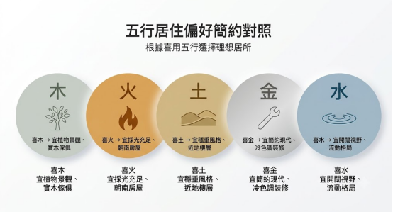 這是一幅極簡風格的「八字風水」五行居住偏好圖表。由左至右以木、火、土、金、水五個色塊圓圈，清晰標註各喜用五行對應的住宅特色，如喜木宜植物景觀、喜火宜採光充足朝南、喜土宜穩重風格近地樓層、喜金宜簡約冷色調，以及喜水宜開闊視野流動格局。
