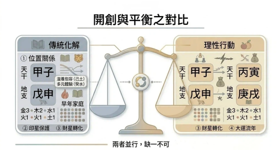 破碎八字動態調校是一套將傳統數理化解與現代主觀能動性行動進行平行交算與槓桿制衡的雙軌導航系統。本圖表嚴謹展示傳統化解面板與理性行動卡片在幾何天平兩端的平衡路徑。以生命數據科學視角建立誠信價值導向。