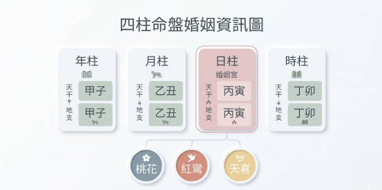 八字情絲意思在結構上主要聚焦於日柱的地支插槽（婚姻宮）。本圖表嚴謹展示四柱雙軌矩陣中由紅色細邊框高亮鎖定的日柱，與下方分流出的桃花、紅鸞、天喜三大神煞徽章。以生命數據科學視角建立精確的盤面識別標準。