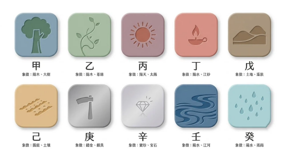這是一幅極簡莫蘭迪風格的「命理八字」十天干意象圖解。由上至下、由左至右整齊排列十個柔和色塊圖標，清楚標示甲（大樹）、乙（藤蔓）、丙（太陽）、丁（燈火）、戊（高山）、己（田園）、庚（鐵器）、辛（寶石）、壬（江河）、葵（雨露）等天干對應的陰陽五行與自然象徵。