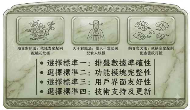 八字神煞排盤三大法源與軟體評測是一套規範用戶排盤預期、引導精準篩選與排除欺詐盲區的安全防護手冊對照圖。本圖表在玉牌面板展示地支、天干、納音三大演算法插槽與四項軟體合規標準。
