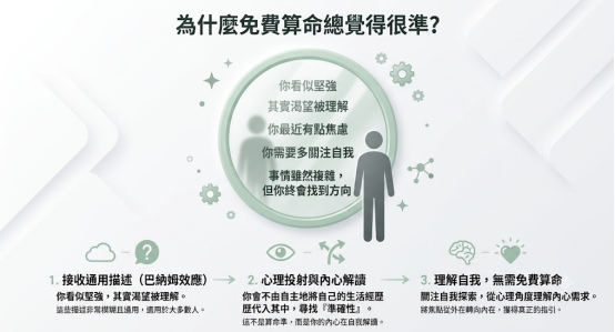 這是一幅極簡莫蘭迪風格的「免費命理」心理學剖析圖。中央鏡子展示如「看似堅強、其實渴望被理解」等通用描述；底部以三個步驟拆解人為何覺得免費算命很準：從接收通用描述（巴納姆效應），到產生心理投射與內心解讀，最後引導讀者回歸自我探索，無需盲目依賴免費算命。