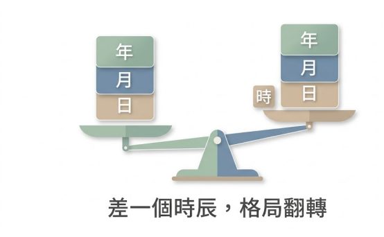 這是一幅極簡風格的「時辰八字五行」重要性天平示意圖。左側天平僅放有年、月、日三柱,右側加入「時柱」後使天平發生明顯傾斜,下方配文「差一個時辰,格局翻轉」,直觀說明時柱在五行力量與命盤格局平衡中所佔據的關鍵重量。