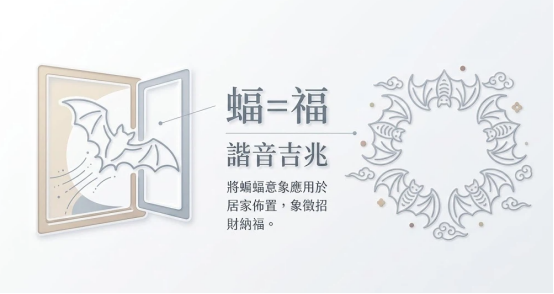 這是一幅極簡風格的「蝙蝠入屋風水」傳統意象解析圖。左側展示蝙蝠飛入窗戶的線條圖，中央標註「蝠＝福」的諧音吉兆概念，右側搭配由五隻蝙蝠圍繞成的五福臨門古典紋樣，說明如何將蝙蝠的吉祥象徵運用於現代居家佈置以達招財納福之意。