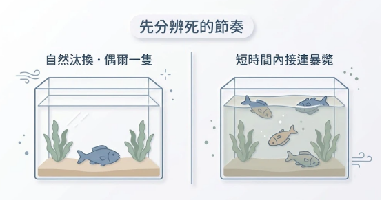 這是一幅極簡風格的「魚一直死風水」診斷圖解。畫面分為左右兩個魚缸對比，左側示範「自然淘汰·偶爾一隻」屬於正常生理現象；右側展示「短時間內接連暴斃」的異常狀況，幫助讀者透過死亡節奏分辨是單純養殖問題還是居家氣場失衡的警訊。