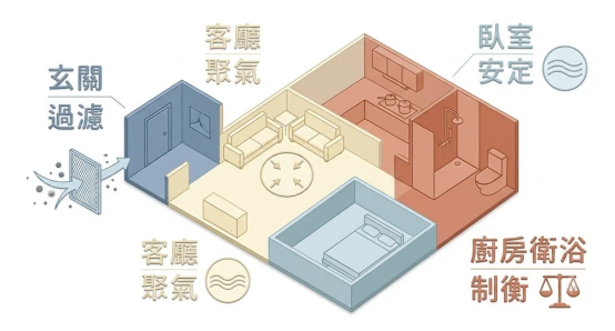 這是一幅莫蘭迪配色風格的3D居家格局透視圖。畫面將房屋劃分為玄關（過濾）、客廳（聚氣）、臥室（安定）與廚房衛浴（制衡）四個區塊，直觀展現各個空間的功能定位與氣場需求，為後續配置合適的「風水物品」提供基礎格局參考。