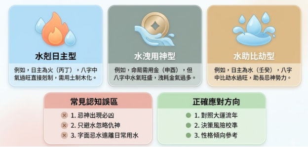 這是一幅解析「八字忌水」成因與正確觀念的圖解表。上方將忌水情況劃分為水剋日主、水洩用神與水助比劫三種類型並附帶命理範例；下方則對比了「以為字面忌水就要遠離日常用水」等常見認知誤區，以及結合大運流年判斷的正確應對方向，幫助讀者建立客觀理性的命理觀。