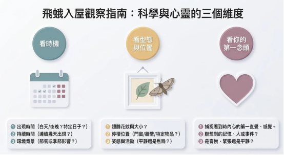 這是一幅極簡莫蘭迪風格的「飛蛾入屋風水」觀察指南。由左至右以三個圓形與相應圖標，清楚條列評估的三大維度：看時機（出現時間與節氣背景）、看型態與位置（停棲位置與花紋姿態），以及看你的第一念頭（內心直覺與記憶聯想），結合科學客觀與心靈直覺判斷寓意。