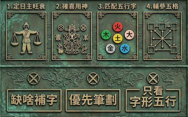 姓名八字算命圖表在青銅器紋理背景展示上層四組命名演算法面板,與下層三組「缺啥補字、優先筆劃、只看字形五行」之去載盲區。