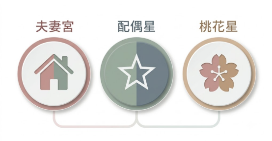本圖表運用極簡莫蘭迪色調的圓形徽章,平行拆解八字姻緣的三大底層變量。左側為象徵另一半本質與內在情緒的「夫妻宮」房屋圖標,中央為代表個體間動態調校與溝通模式的「配偶星」五角星芒符號,右側則是預示外部情感吸引力與社交緣分的「桃花星」花卉標籤。三組元件由底部細線互聯,將複雜的古典命理概念簡化為高可讀性的現代心智特質採樣模組。
