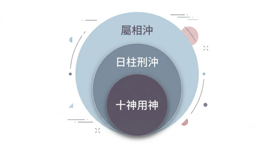 一個莫蘭迪與柔和灰藍色調的三層同心圓幾何圖表,用以量化八字不合的干涉層級。外圈為低權重的「屬相相沖」生肖摩擦;中圈為影響親密關係配偶宮的「日柱刑沖」;內圈則是決定系統底層制衡核心、權重最高的「十神用神」失衡指標。由外向內精確展示關係風險的深度。