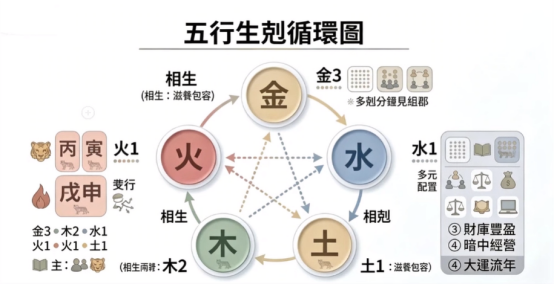 姓名八字五行生剋是一套將個體特定字元轉化為定量化物理屬性比重與系統熵值的專業 Dashboard。本圖表平行展示外圈相生與內圈相剋星芒鏈路,與左側四柱數據方陣。以生命數據科學視角建立精確適配標準。