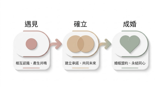 一幅橫向並列、採用莫蘭迪與柔和色調設計的三階段感情實踐工作流。