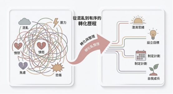 左右對稱的新擬物化面板。左側卡片展示由壓力、焦慮與憤怒碎心圖標交織的混亂線團;透過中央「轉化與整理」的粉褐色箭頭引導,在右側卡片中被精密梳理為澄清思緒、設立目標、制定計劃與自我成長的平行有序路徑。