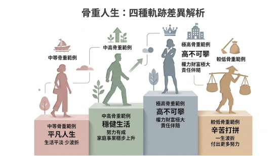 一幅莫蘭迪柔和色調的「骨重人生:四種軌跡差異解析」發散階梯對照表。左一粉色階梯為中等骨重範例之「平凡人生(生活平淡少波折)」;左二綠色階梯為中高骨重範例之「穩健生活(家庭事業穩步上升)」;右二高亮藍灰色階梯為極高骨重範例之「高不可攀(權力財富極大、責任伴隨)」;右一黃色階梯則為較低骨重範例之「辛苦打拼(一生波折、付出更多努力)」。