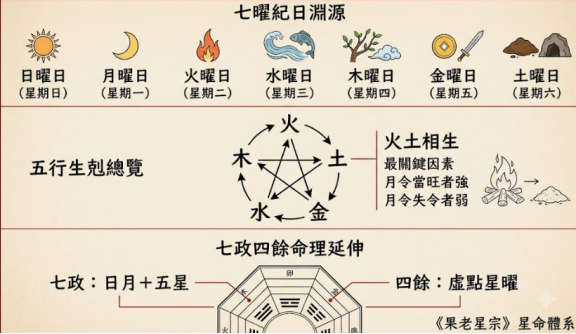 一幅分為三層結構的古典天體與五行生剋對照表。頂端展示「日月金木水火土」對應星期日到星期六的七曜紀日圖標;中央為木火土金水五行星相生相剋五角星輪盤,並特別標註「火土相生」的月令旺衰機制;底端則引出古典《果老星宗》星命體系,線性解碼七政(日月+五星)與四餘(虛點星曜)的八卦盤面映射。