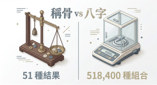 一幅採用莫蘭迪與柔和灰調設計的「稱骨 vs 八字」雙欄算力維度對照表。左側以木質砝碼天平秤盤 Sticker 代表粗放的稱骨流派,下方高亮標註「51 種結果」;右側以現代精密電子天平與玻璃防護罩代表正統子平八字,下方高亮標註「518,400 種組合」,科學戳破單一斤兩定終身的盲區。
