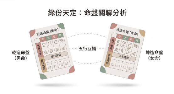 一幅採用莫蘭迪與柔和色調設計的乾坤雙造命盤對照圖。中央以圓形虛線導軌標註核心交算邏輯「五行互補」;左側為代表男命的「乾造命盤」,內置生辰八字與五行強弱卦線插槽;右側對稱排布代表女命的「坤造命盤」,內置天干地支與流年運勢卦線插槽。頂端以黑體字宣告「緣份天定:命盤關聯分析」,提供科學的配對自查邊界。