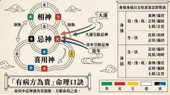一幅解析「忌神」干涉與制衡邏輯的數據 Dashboard。左側以三元交織圓環展示喜用神、忌神與相神的相互制衡關係,並由右側「大運」與「流年」河流引出多色箭頭指向忌神位置,標註大運、流年引動忌神的路徑;底端內嵌卷軸宣告「有病方為貴」命理口訣;右側則平行配置「身強身弱日主旺衰喜忌對照表」與五行顏色圖例,清晰量化核心風控指標。