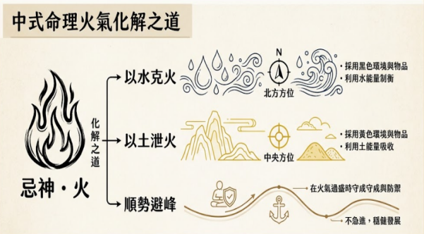 一幅專為八字忌火者設計的「中式命理火氣化解之道」線性流程圖。左側以黑色火焰 Stiker 代表核心病灶「忌神・火」;向右經由化解之道總線分流為三條防禦路徑:頂端為「以水克火」路徑(配有雨滴、北方方位指南針、海浪 Stiker),標註採用黑色環境與物品、利用水能量制衡;中央為「以土洩火」路徑(配有山脈、中央方位、沙丘 Stiker),標註採用黃色環境與物品、利用土能量吸收;底端則為「順勢避峰」路徑(配有打坐防盾、船錨與波動導軌 Stiker),標註在火氣過盛時守成與防禦、不急進穩健發展。