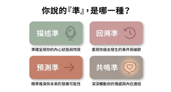 一幅採用莫蘭迪與柔和色調設計的四象限「免費八字算命準確度」定義卡片矩陣。上方標題為「你說的『準』,是哪一種?」,並由左至右、由上至下平行條列:綠色鏡子圖標的「描述準」、粉色時鐘圖標的「回溯準」、橘色箭頭圖標的「預測準」以及灰色發光愛心對話框圖標的「共鳴準」,引導讀者理性定義算力交付指標。