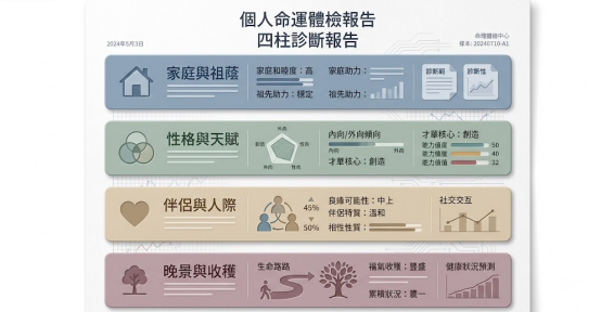 一幅結構化條列的「個人命運體檢報告／四柱診斷報告」網格 Dashboard。採用莫蘭迪色調垂直分流四個核心稽核插槽：第一欄藍灰色「家庭與祖蔭（房屋圖標）」評估家庭助力度；第二欄柔綠色「性格與天賦（三環相交與五角雷達圖）」量化才華核心；第三欄淡杏色「伴侶與人際（愛心圖標）」分析良緣可能性與伴侶特質；第四欄紫褐色「晚景與收獲（樹木與走道圖標）」預測生命路徑與健康狀況。