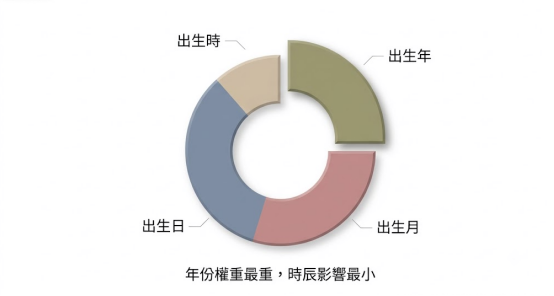 這是一幅採用莫蘭迪與Pastel柔和色調設計的稱骨算命組成權重比例圓環圖,以非對稱的圓環切片清晰量化初始重量的四大控制點:右上方綠色切片代表「出生年」,右下方粉色切片代表「出生月」,左下方藍灰色切片代表「出生日」,左上方淺杏色切片則代表「出生時」;底端配有核心結論黑體大字「年份權重最重,時辰影響最小」,用以解耦大眾對於稱骨字元組成的模糊認知,提供標準化的術數結構稽核。