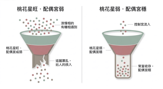 這是一幅採用莫蘭迪柔和色調設計的「八字看桃花」雙欄能量漏斗對照圖:左側對應「桃花星旺.配偶宮弱」,上方湧入大量代表浪漫相遇的彩色粒子,經過綠紅相間的漏斗時,底端管身因「這麗震亂,出人的擠入」而破裂流失,隱喻配偶宮成弱、難以落地;右側則對稱呈現「桃花星弱.配偶宮穩」,上方僅有少數粒子由控制宮流入,但經過漏斗後完美在底端管身內「常富收存,配偶宮穩」,清晰量化了因緣際遇與後天親密關係留存率的底層數理結構。