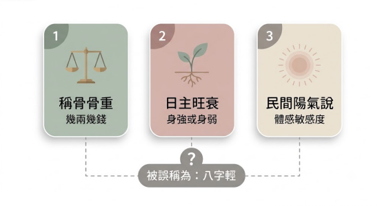 這是一幅採用莫蘭迪與柔和色調設計的「八字輕」底層概念辨析圖,由左至右平行排列三組圓角矩形控制面板