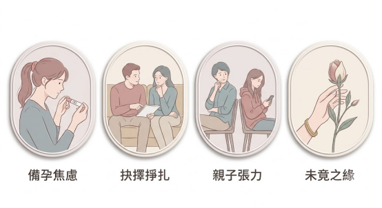 這是一幅採用莫蘭迪與柔和灰調設計的「八字子女」心智情感關卡對照表,由左至右平行排列四組圓形新擬物化插畫卡片,細緻呈現個體在生育生命週期中的心流狀態。