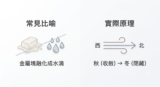 這是一幅採用極簡白底莫蘭迪色調設計的五行「金生水」底層邏輯澄清對照表,由左至右橫向建立觀念的去載降噪對比。