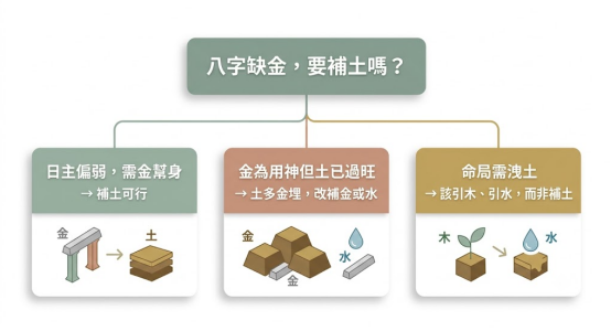 這是一幅莫蘭迪色調的「八字缺金要補土嗎」三維應對決策導圖,頂端以綠色橫幅宣告核心提問,向下垂直發散出三條去載降噪的理性分流卡片。