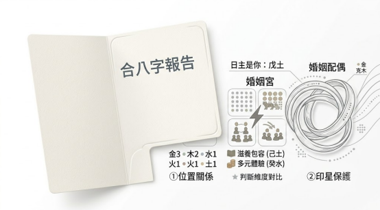 結婚合八字在具體交付上體現為結構化分析報告與符號代償。本圖表嚴謹展示打開的紙本合八字報告封套,與右側日主戊土婚姻宮、三環互鎖之印星保護標籤。以生命數據科學視角建立精確的盤面識別與安全自查標準。