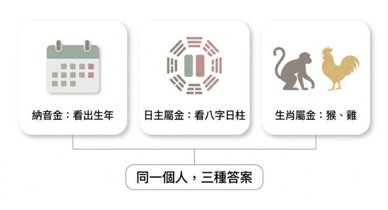 這是一幅採用極簡白底莫蘭迪色調設計的「屬金的人」判定維度思維導圖,由左至右橫向平行排列三組新擬物化圓角矩形卡片