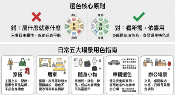 這是一幅介紹「八字五行顏色」的圖表。上半部對比「錯:屬什麼穿什麼」與「對:依喜忌神選色」的避坑原則;下半部提供穿搭、居家、隨身小物、車輛與辦公室五大日常場景的具體配色指引。