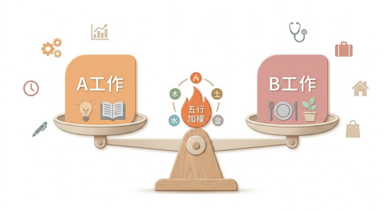 這是一幅採用莫蘭迪柔和色調的「八字喜火」抉擇示意圖。畫面以木製天平為中心,左右兩端分別放置「A工作」與「B工作」卡片,支點上方以火焰標誌呈現「五行加權」,直觀展示如何利用喜用神在面臨職業抉擇時進行權衡。