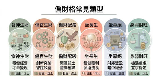 偏財格常見類型是一套決定個體在市場擴張中的商業手段與風險控制邊界的矩陣速查表。本圖表平行展示六組十神與歲運組合面板的干支插槽、行為特徵與日主加權標籤。以生命數據科學視角建立精確的百科級適配標準。