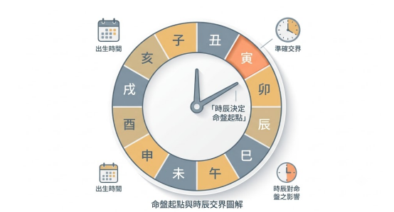 這是一幅極簡風格的出生時間算命圖表。中央展示一個結合時鐘指針與地支子丑寅卯的圓形羅盤,盤面寫有「時辰決定命盤起點」;四周配有日曆圖標與小鐘錶,分別標註出生時間、準確交界、時辰對命盤之影響,清晰說明時間點交界如何界定個人八字格局的起點。
