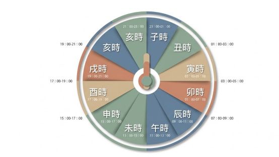這是一幅極簡莫蘭迪配色的時辰對照圓盤圖。盤面以扇形區域劃分地支時辰,並精確標註對應的現代24小時制區間(例如子時為23:00-01:00、寅時為03:00-05:00等),中央配有簡約指針,幫助使用者在知道現代出生時間後,快速查出對應的八字時辰。
