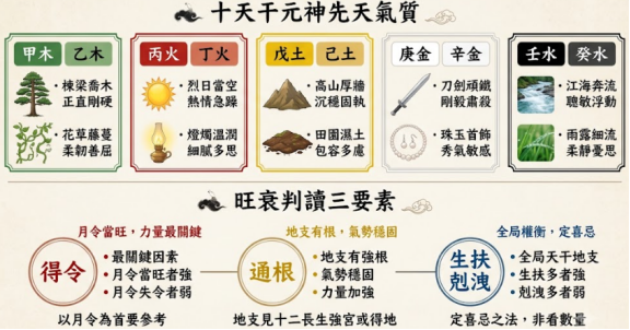 本命元神查詢性格與能效取決於十天干先天屬性與旺衰量化指標。本圖表平行展示十組天干氣質面板,與下方得令、通根、生扶剋泄三大判讀要素。以生命數據科學視角建立精確的實戰解盤交付標準。